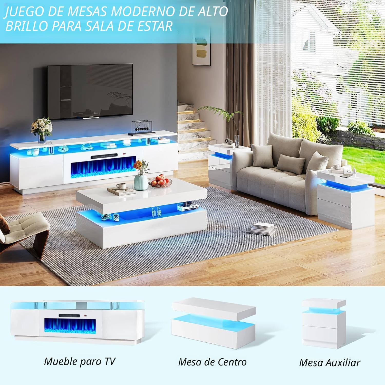 Soporte de TV con chimenea de 40 pulgadas, centro de entretenimiento con chimenea moderna de 80 pulgadas con luces LED, gabinete de consola de TV de 2 niveles para televisores de hasta 90