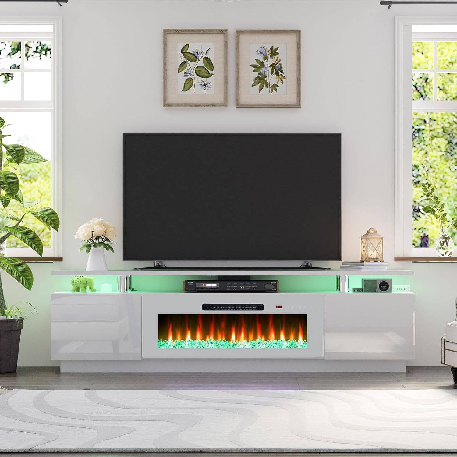 Soporte de TV con chimenea de 40 pulgadas, centro de entretenimiento con chimenea moderna de 80 pulgadas con luces LED, gabinete de consola de TV de 2 niveles para televisores de hasta 90