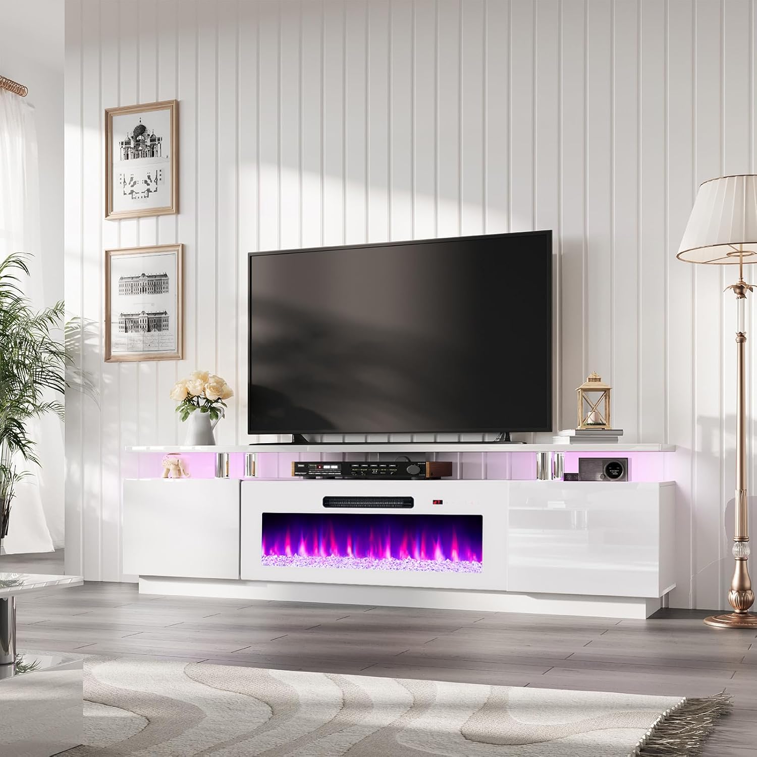 Soporte de TV con chimenea de 40 pulgadas, centro de entretenimiento con chimenea moderna de 80 pulgadas con luces LED, gabinete de consola de TV de 2 niveles para televisores de hasta 90
