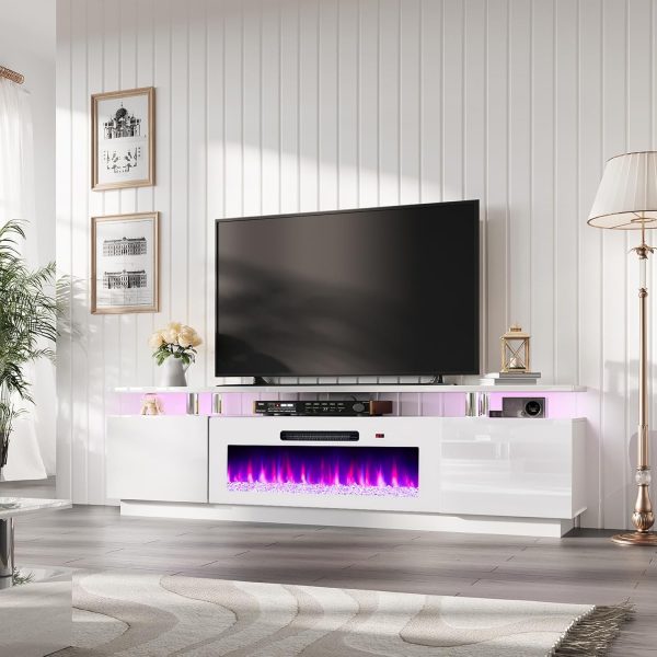 Soporte de TV con chimenea de 40 pulgadas, centro de entretenimiento con chimenea moderna de 80 pulgadas con luces LED, gabinete de consola de TV de 2 niveles para televisores de hasta 90