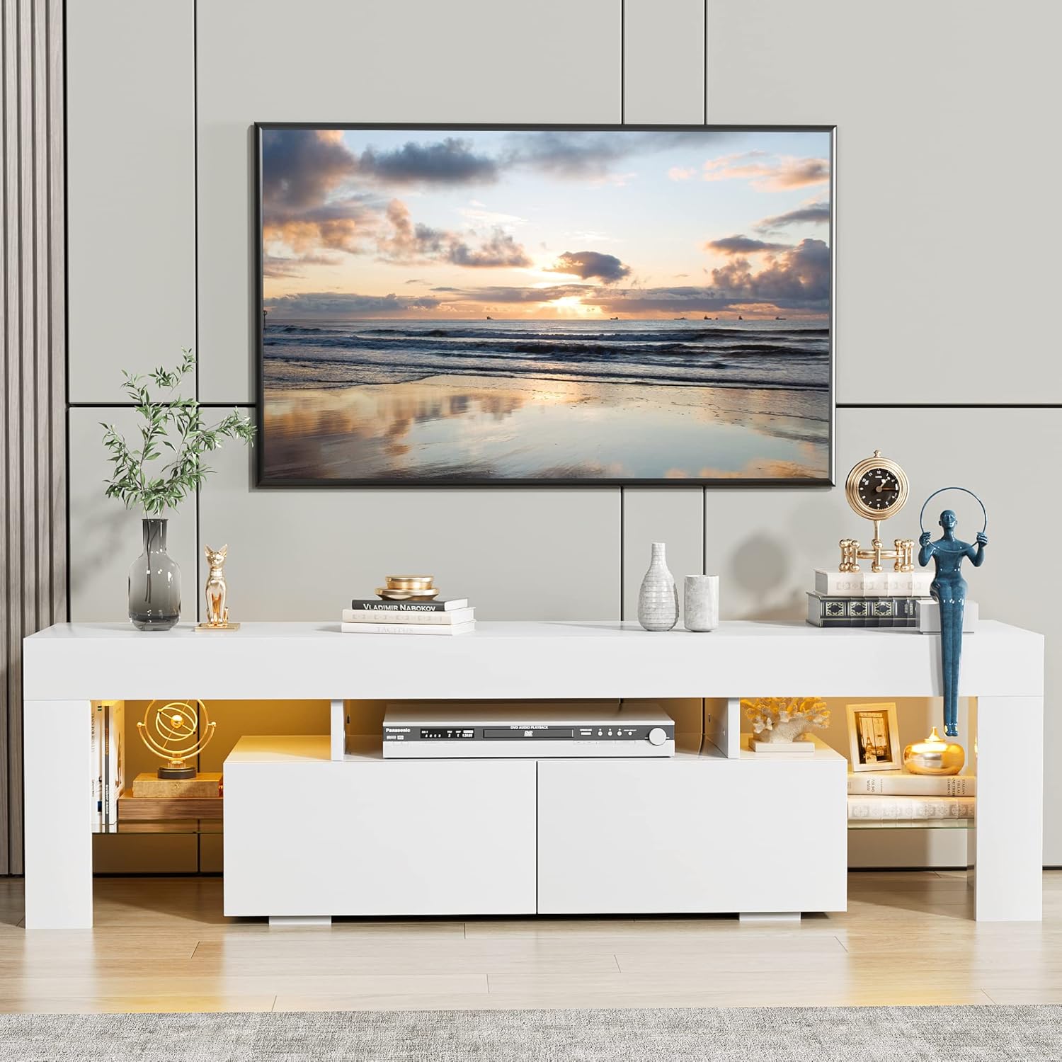 Multimuebles, centro de entretenimiento moderno, mesa de almacenamiento con estante abierto y consola de mesa, con 1 cajón y control remoto, luces LED de 20 colores para