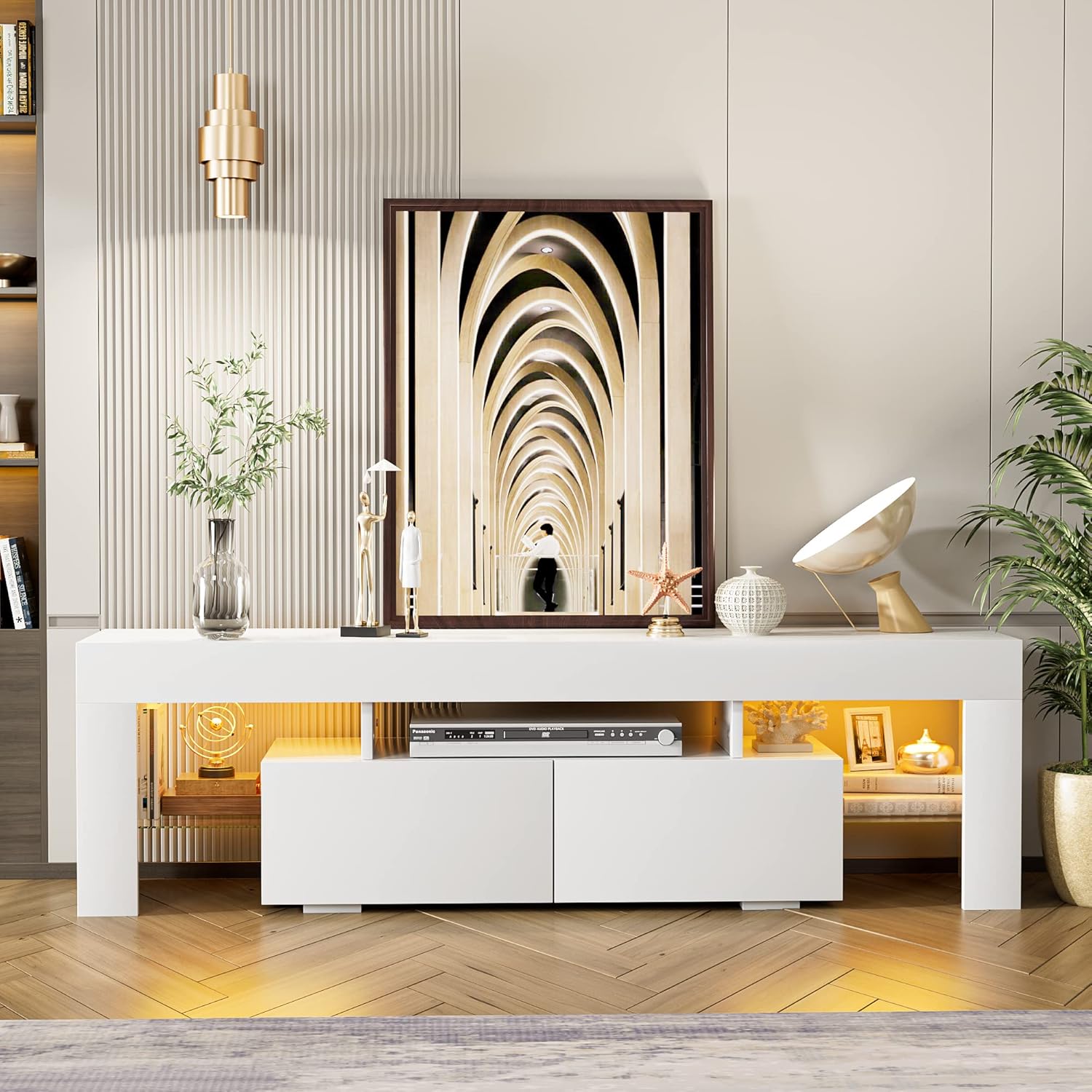 Multimuebles, centro de entretenimiento moderno, mesa de almacenamiento con estante abierto y consola de mesa, con 1 cajón y control remoto, luces LED de 20 colores para