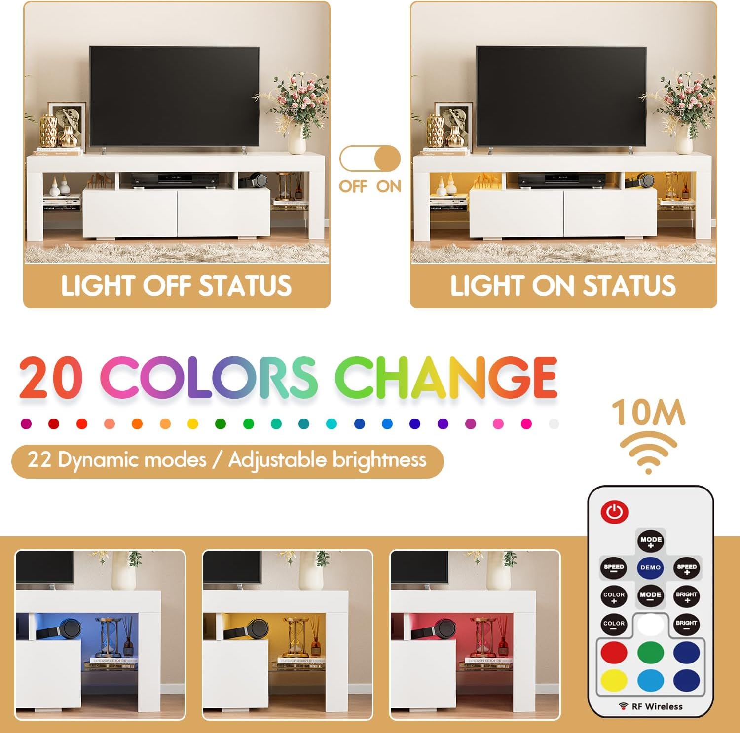 Multimuebles, centro de entretenimiento moderno, mesa de almacenamiento con estante abierto y consola de mesa, con 1 cajón y control remoto, luces LED de 20 colores para