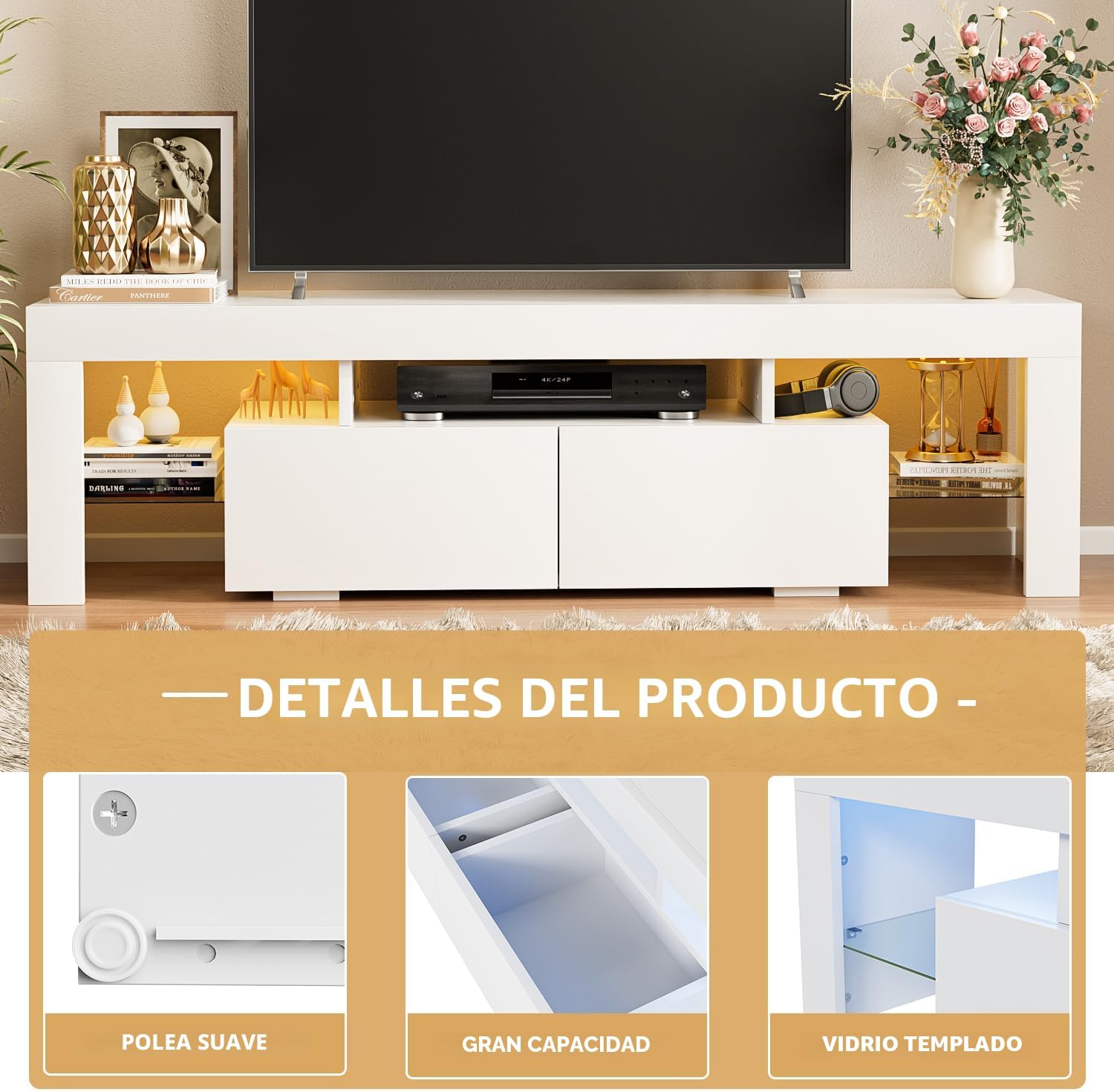 Multimuebles, centro de entretenimiento moderno, mesa de almacenamiento con estante abierto y consola de mesa, con 1 cajón y control remoto, luces LED de 20 colores para