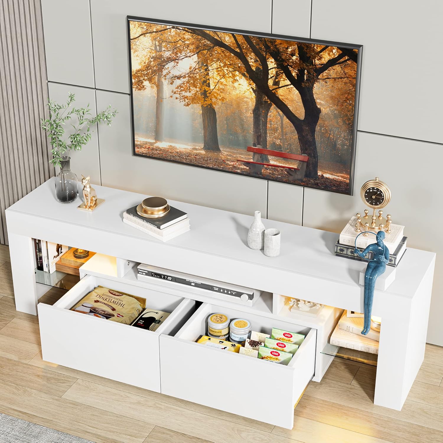 Multimuebles, centro de entretenimiento moderno, mesa de almacenamiento con estante abierto y consola de mesa, con 1 cajón y control remoto, luces LED de 20 colores para