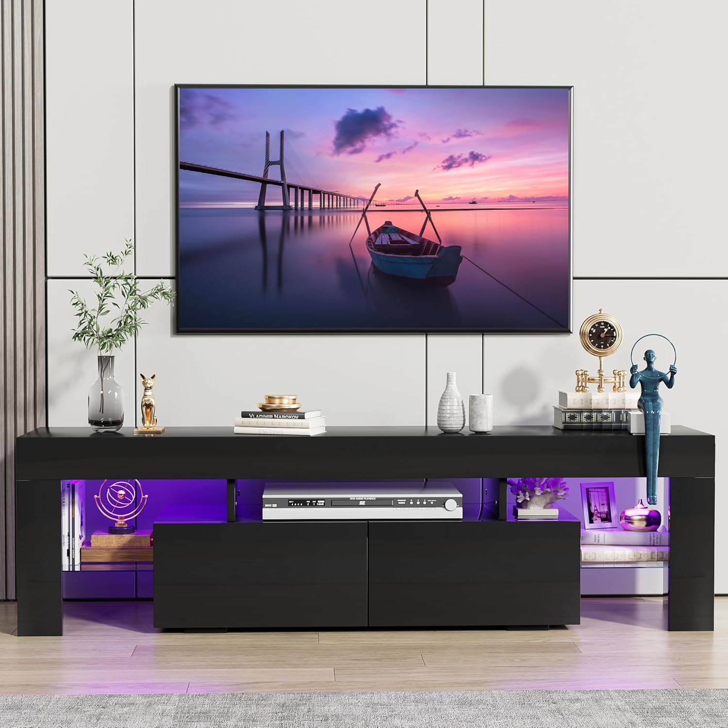 Multimuebles, Centro de entretenimiento y estante abierto, mesa consola de TV con 1 cajón y control remoto, 20 luces LED de color para TV de hasta 70 pulgadas (negro)