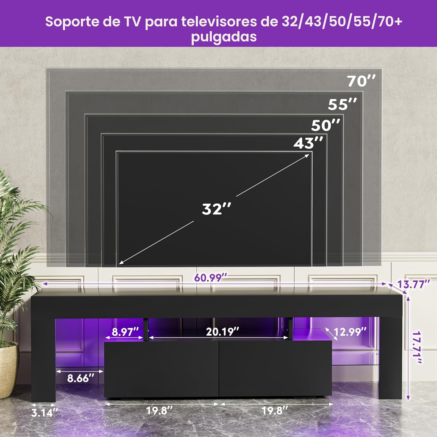 Multimuebles, Centro de entretenimiento y estante abierto, mesa consola de TV con 1 cajón y control remoto, 20 luces LED de color para TV de hasta 70 pulgadas (negro)