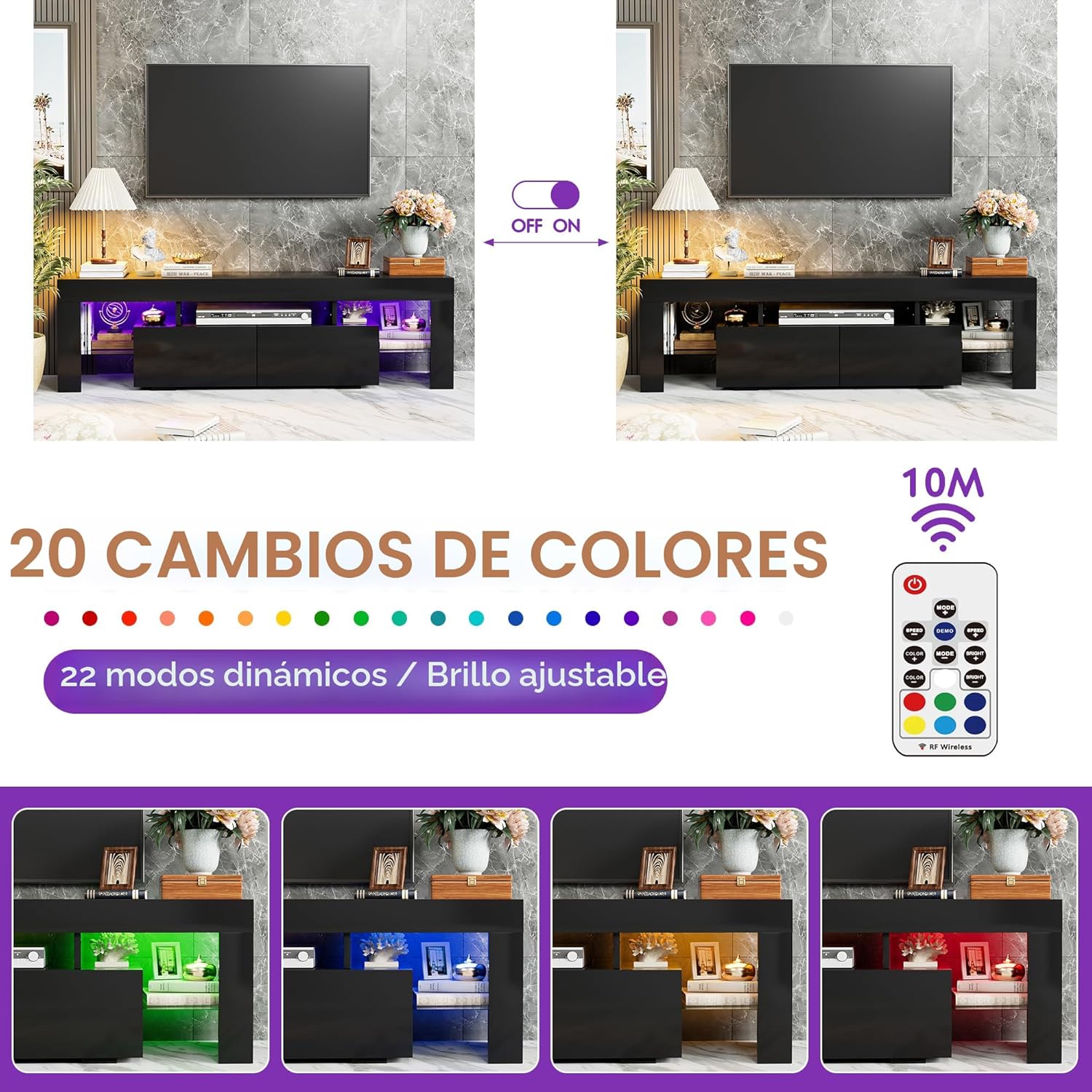 Multimuebles, Centro de entretenimiento y estante abierto, mesa consola de TV con 1 cajón y control remoto, 20 luces LED de color para TV de hasta 70 pulgadas (negro)