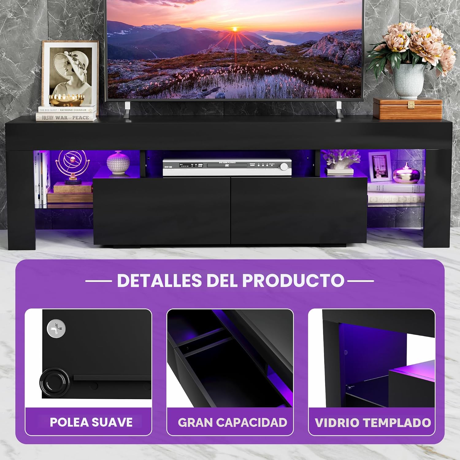 Multimuebles, Centro de entretenimiento y estante abierto, mesa consola de TV con 1 cajón y control remoto, 20 luces LED de color para TV de hasta 70 pulgadas (negro)