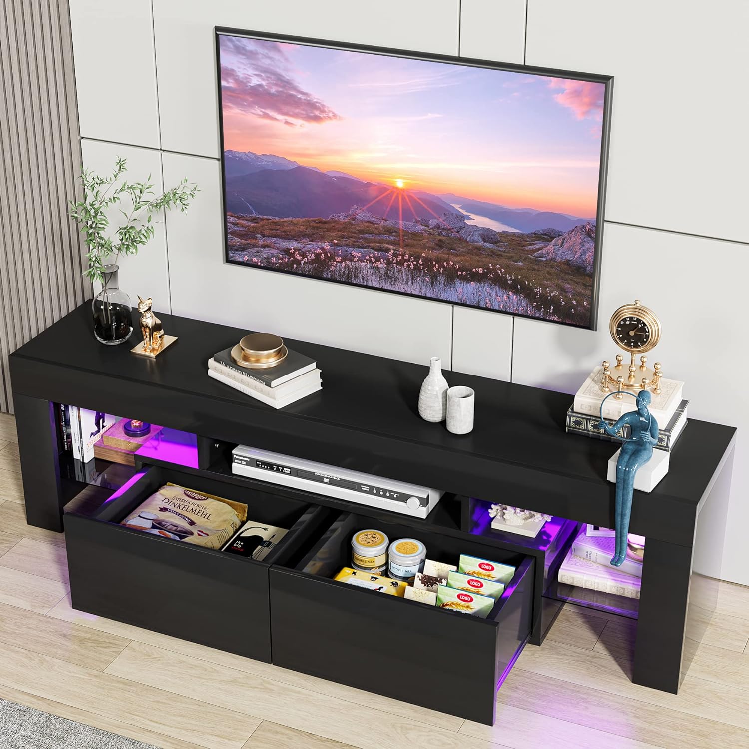 Multimuebles, Centro de entretenimiento y estante abierto, mesa consola de TV con 1 cajón y control remoto, 20 luces LED de color para TV de hasta 70 pulgadas (negro)