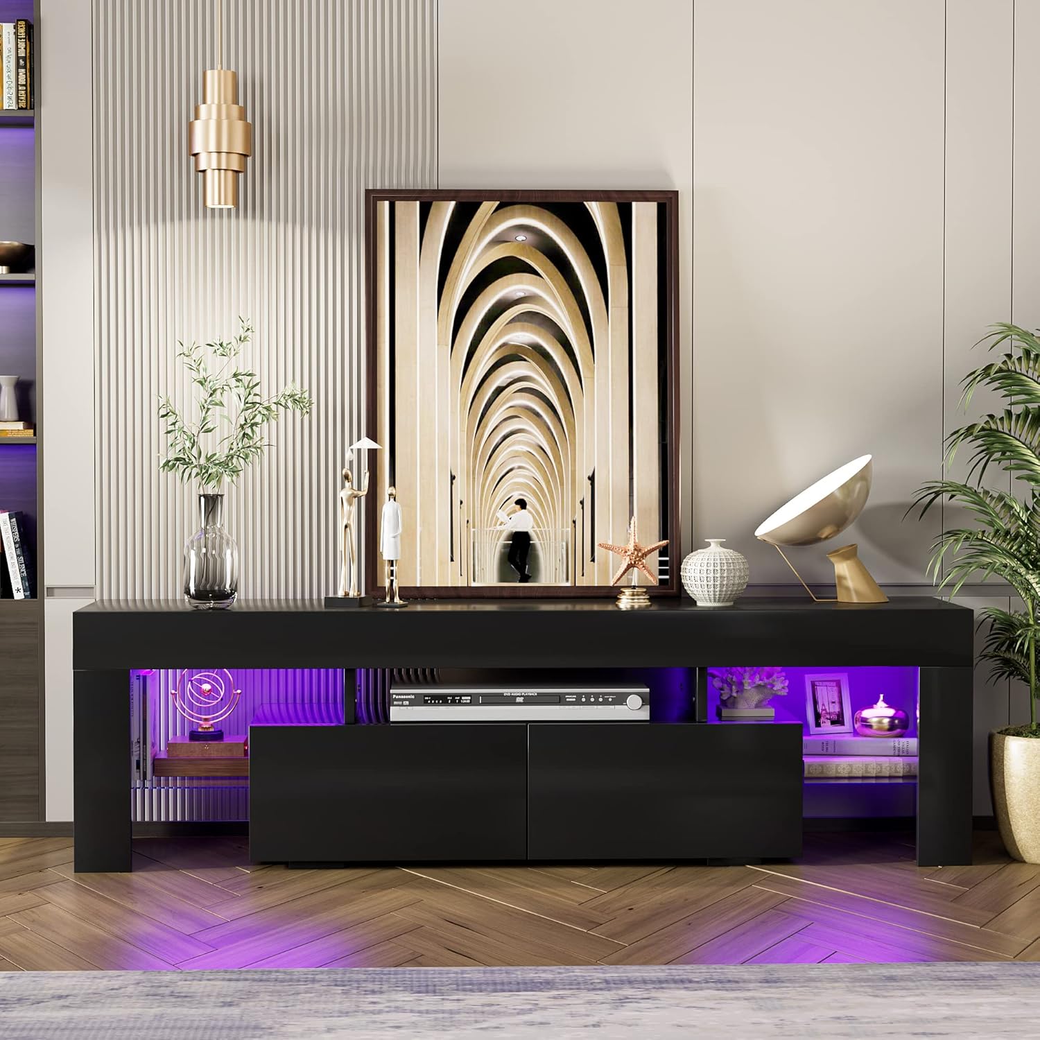 Multimuebles, Centro de entretenimiento y estante abierto, mesa consola de TV con 1 cajón y control remoto, 20 luces LED de color para TV de hasta 70 pulgadas (negro)