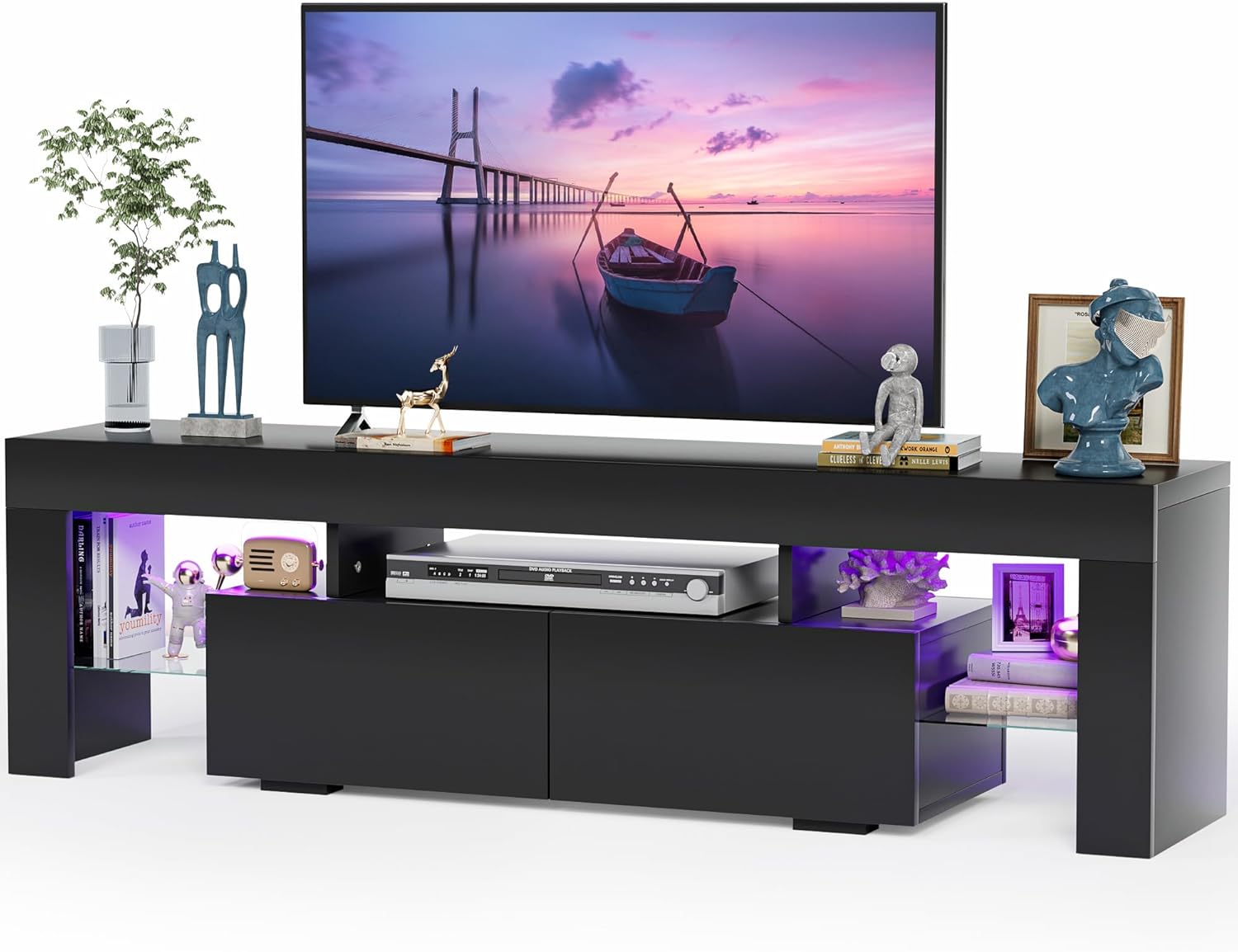 Multimuebles, Centro de entretenimiento y estante abierto, mesa consola de TV con 1 cajón y control remoto, 20 luces LED de color para TV de hasta 70 pulgadas (negro)