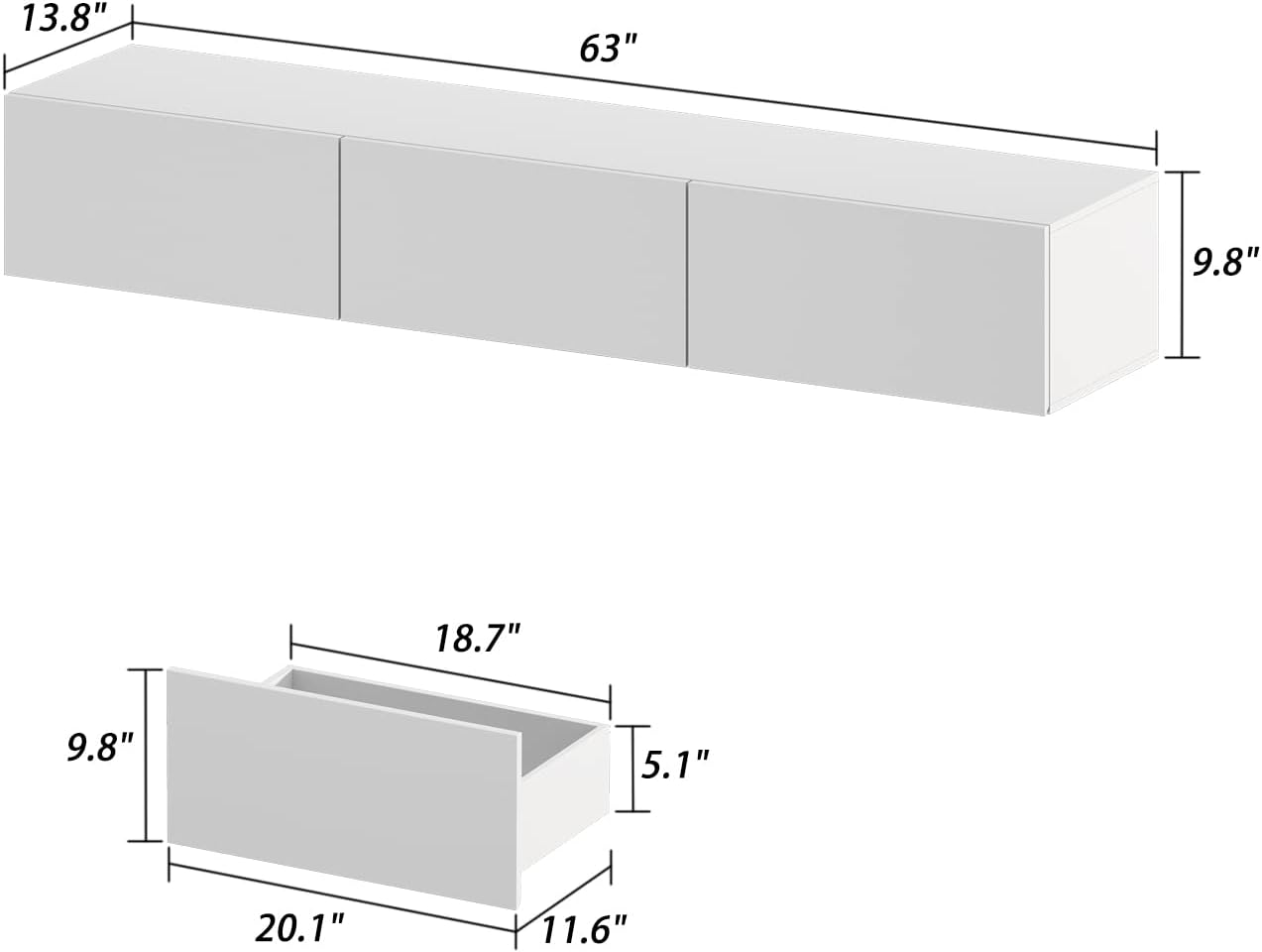 Soporte de TV LED flotante para televisores de hasta 70 pulgadas, consola multimedia de madera montada en la pared con superficie brillante y luces LED, centro de entretenimiento moderno con 3 cajones para sala de estar, dormitorio, color blanco