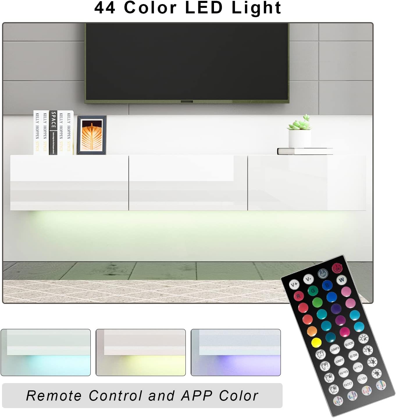 Soporte de TV LED flotante para televisores de hasta 70 pulgadas, consola multimedia de madera montada en la pared con superficie brillante y luces LED, centro de entretenimiento moderno con 3 cajones para sala de estar, dormitorio, color blanco