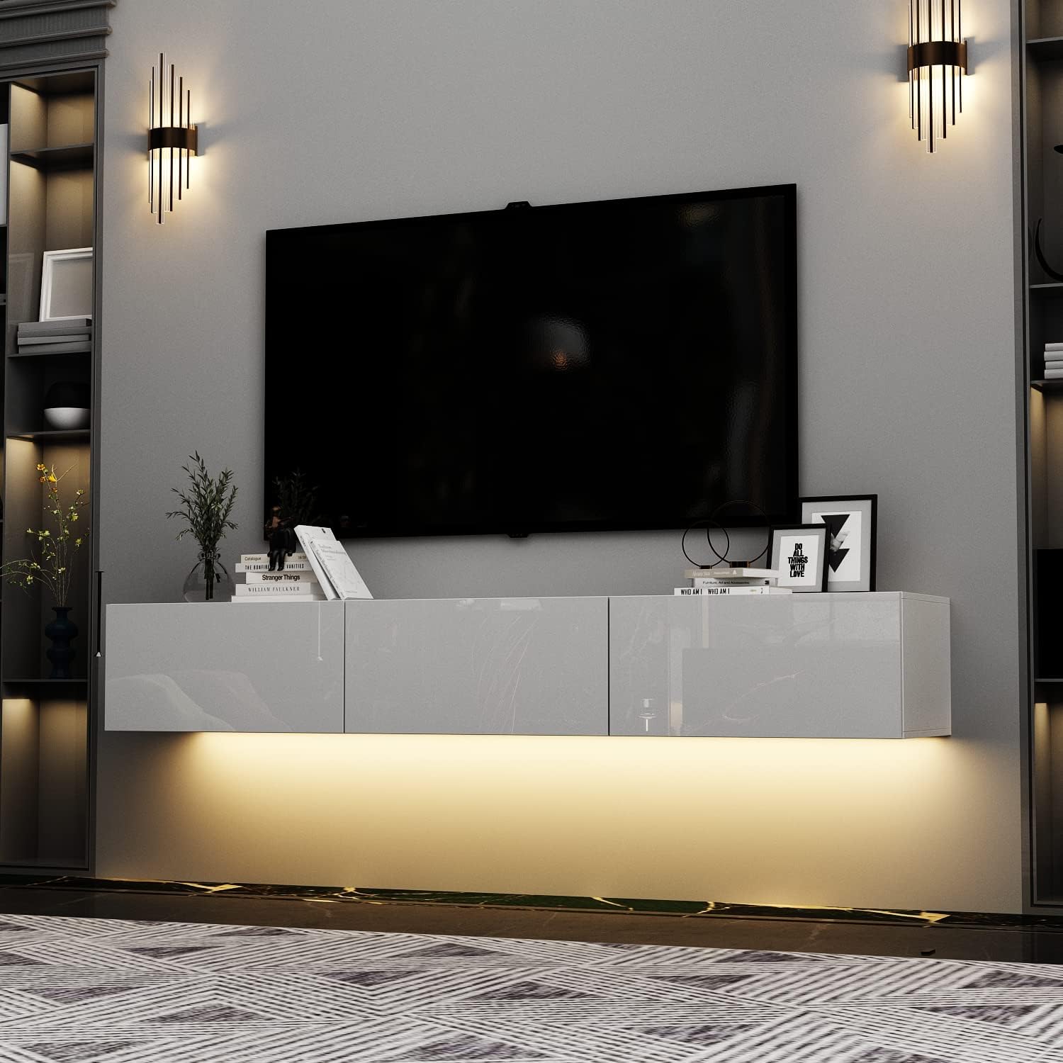 Soporte de TV LED flotante para televisores de hasta 70 pulgadas, consola multimedia de madera montada en la pared con superficie brillante y luces LED, centro de entretenimiento moderno con 3 cajones para sala de estar, dormitorio, color blanco