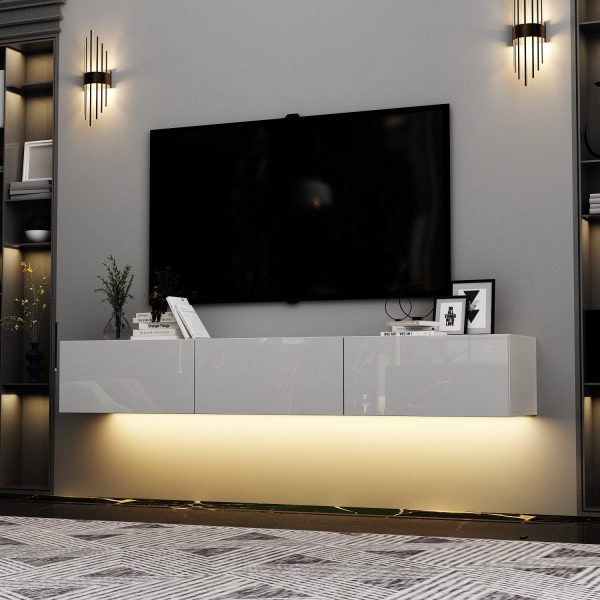 Soporte de TV LED flotante para televisores de hasta 70 pulgadas, consola multimedia de madera montada en la pared con superficie brillante y luces LED, centro de entretenimiento moderno con 3 cajones para sala de estar, dormitorio, color blanco