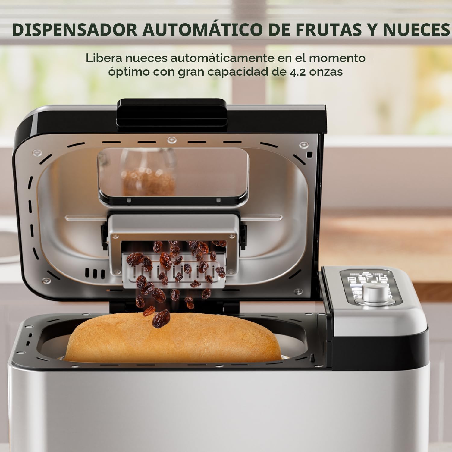 Máquina para hacer pan, Máquina de pan más grande de 3.3 libras 15-en-1 de acero inoxidable y sartén de cerámica antiadherente y dispensador automático de nueces, máquinas para hacer pan