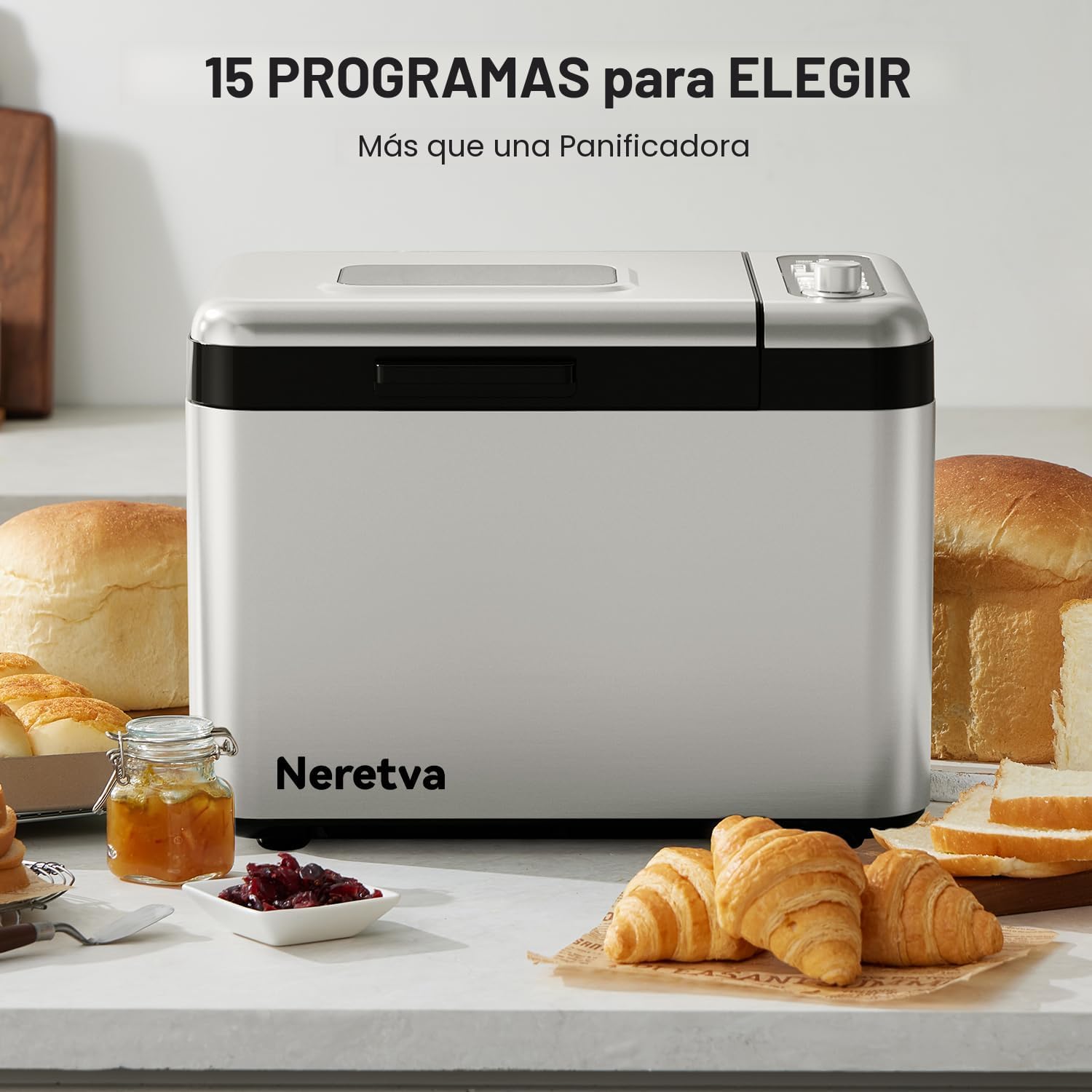 Máquina para hacer pan, Máquina de pan más grande de 3.3 libras 15-en-1 de acero inoxidable y sartén de cerámica antiadherente y dispensador automático de nueces, máquinas para hacer pan