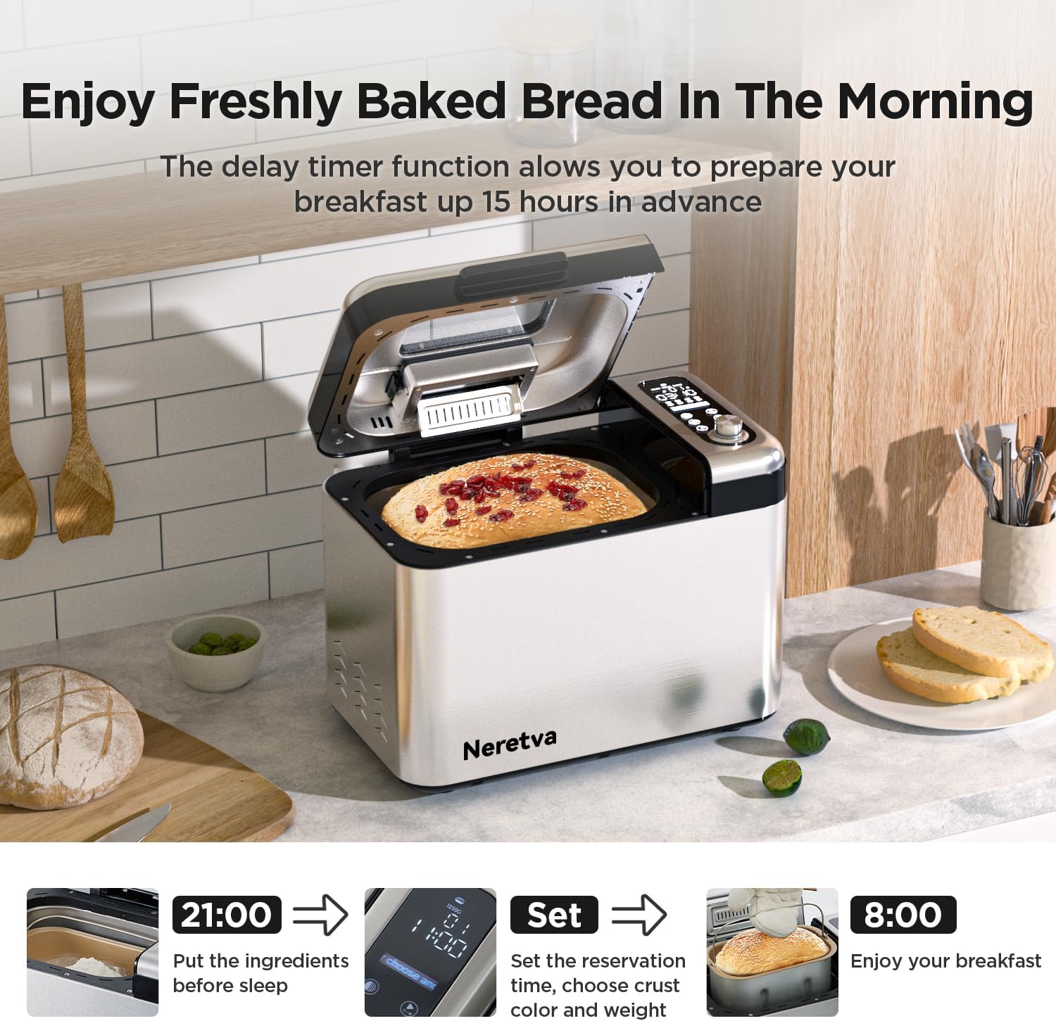 Máquina para hacer pan, Máquina de pan más grande de 3.3 libras 15-en-1 de acero inoxidable y sartén de cerámica antiadherente y dispensador automático de nueces, máquinas para hacer pan
