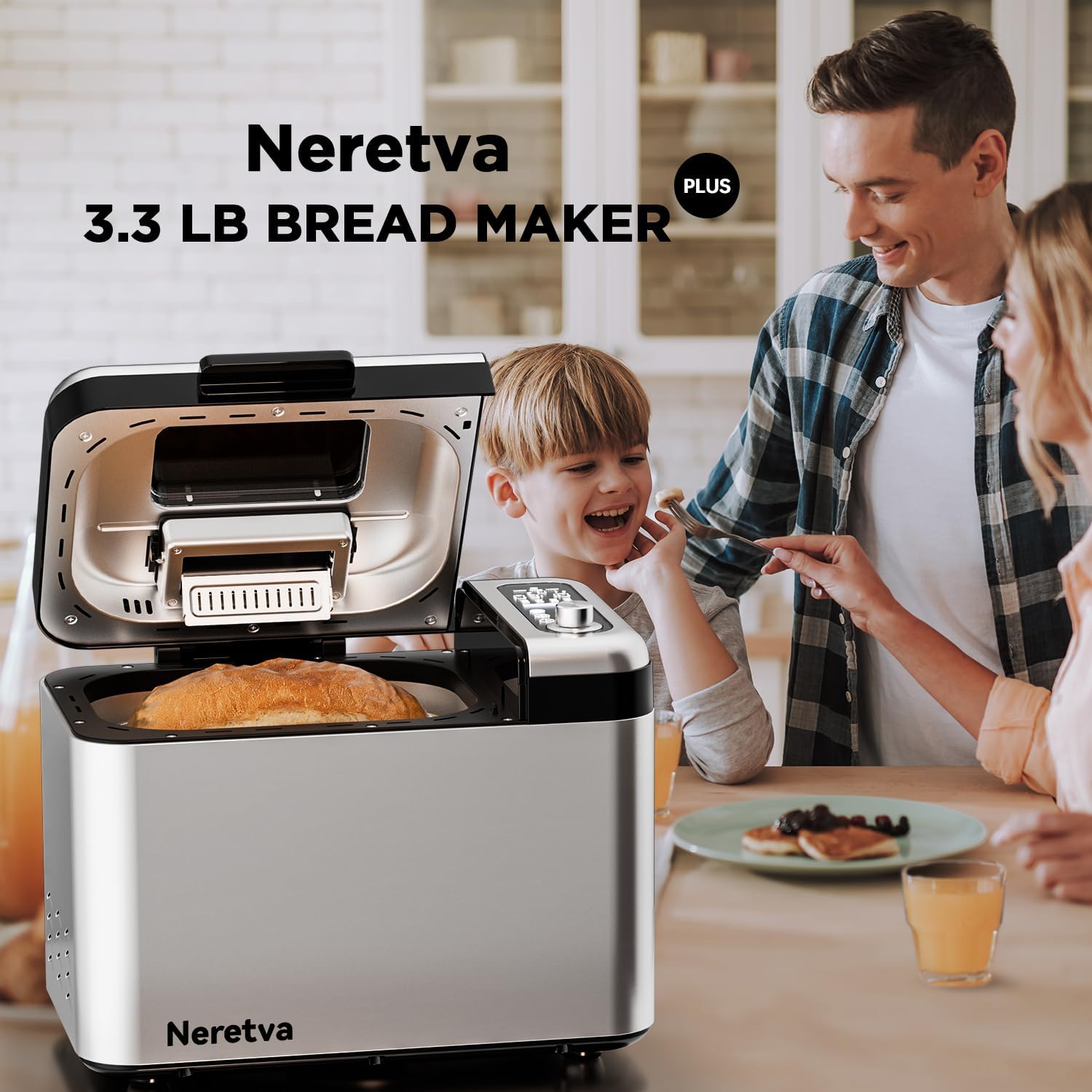 Máquina para hacer pan, Máquina de pan más grande de 3.3 libras 15-en-1 de acero inoxidable y sartén de cerámica antiadherente y dispensador automático de nueces, máquinas para hacer pan
