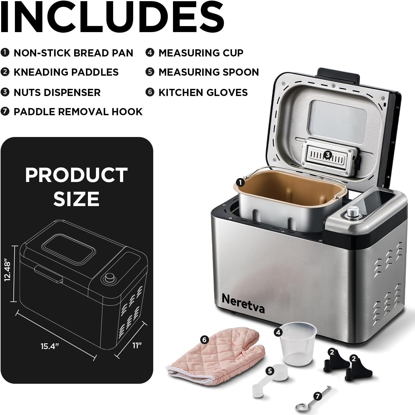 Máquina para hacer pan, Máquina de pan más grande de 3.3 libras 15-en-1 de acero inoxidable y sartén de cerámica antiadherente y dispensador automático de nueces, máquinas para hacer pan