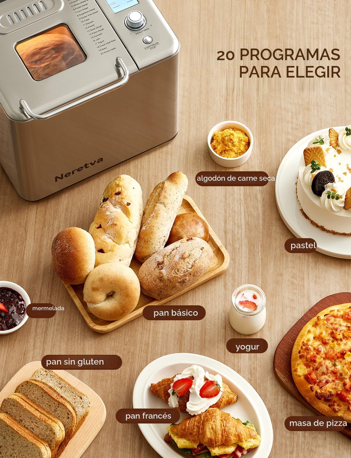 Máquina para hacer pan, máquina de pan 20-EN-1 de 2 libras, máquina para hacer pan con doble calentador automático con sartén de cerámica antiadherente, temporizador de 15H y función de