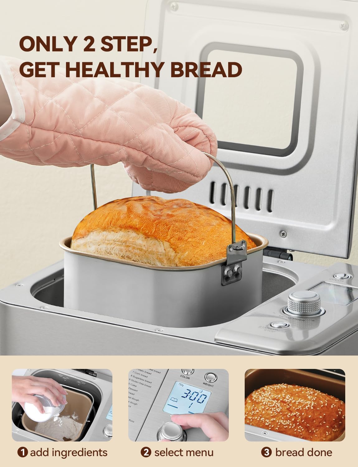 Máquina para hacer pan, máquina de pan 20-EN-1 de 2 libras, máquina para hacer pan con doble calentador automático con sartén de cerámica antiadherente, temporizador de 15H y función de