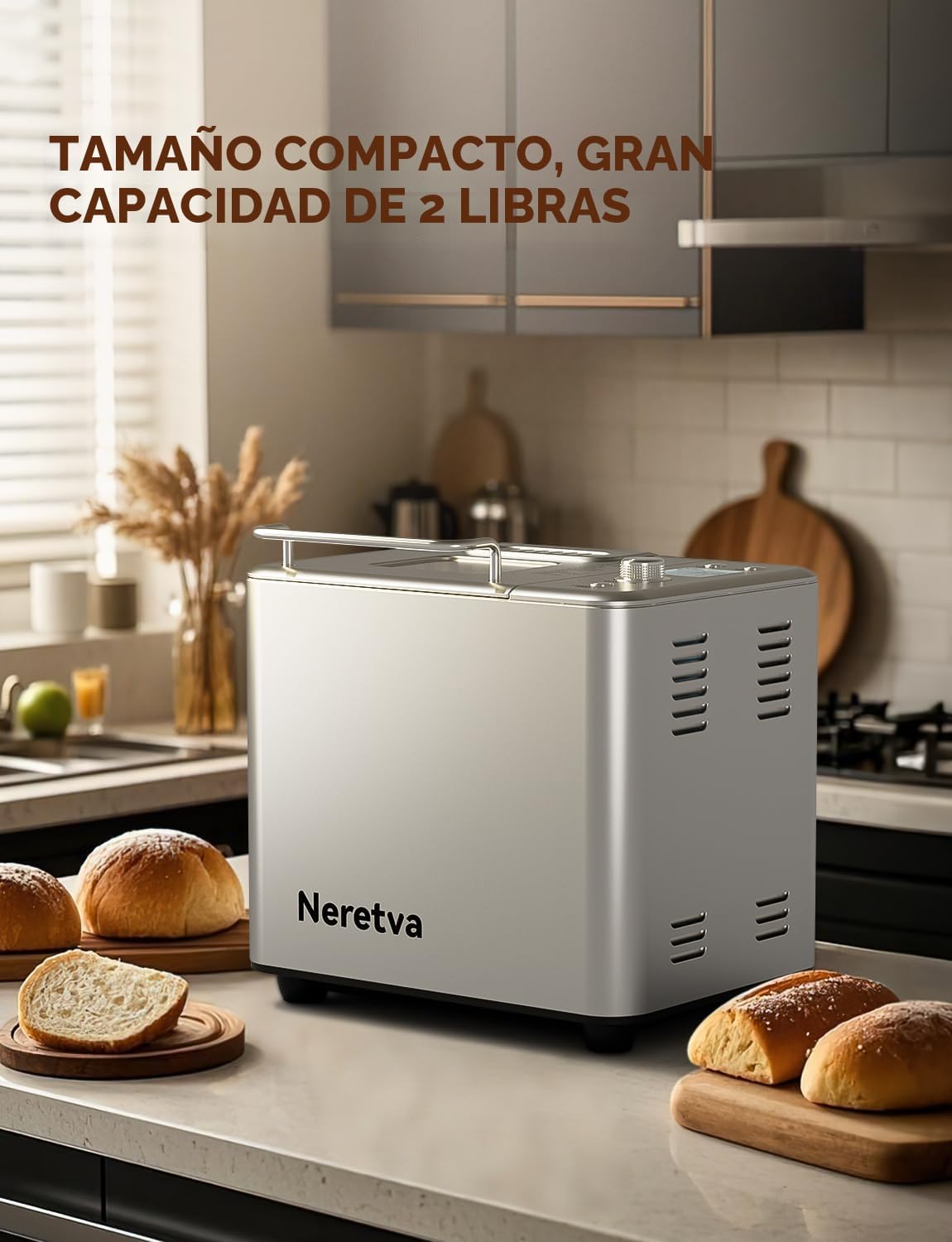 Máquina para hacer pan, máquina de pan 20-EN-1 de 2 libras, máquina para hacer pan con doble calentador automático con sartén de cerámica antiadherente, temporizador de 15H y función de