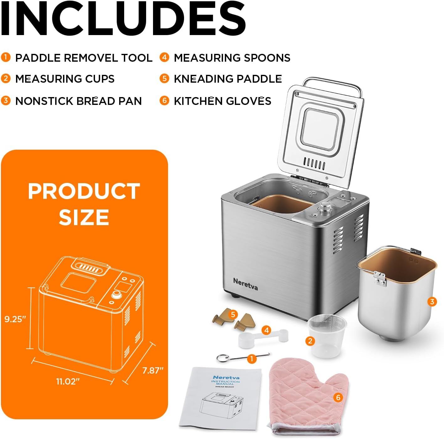 Máquina para hacer pan, máquina de pan 20-EN-1 de 2 libras, máquina para hacer pan con doble calentador automático con sartén de cerámica antiadherente, temporizador de 15H y función de