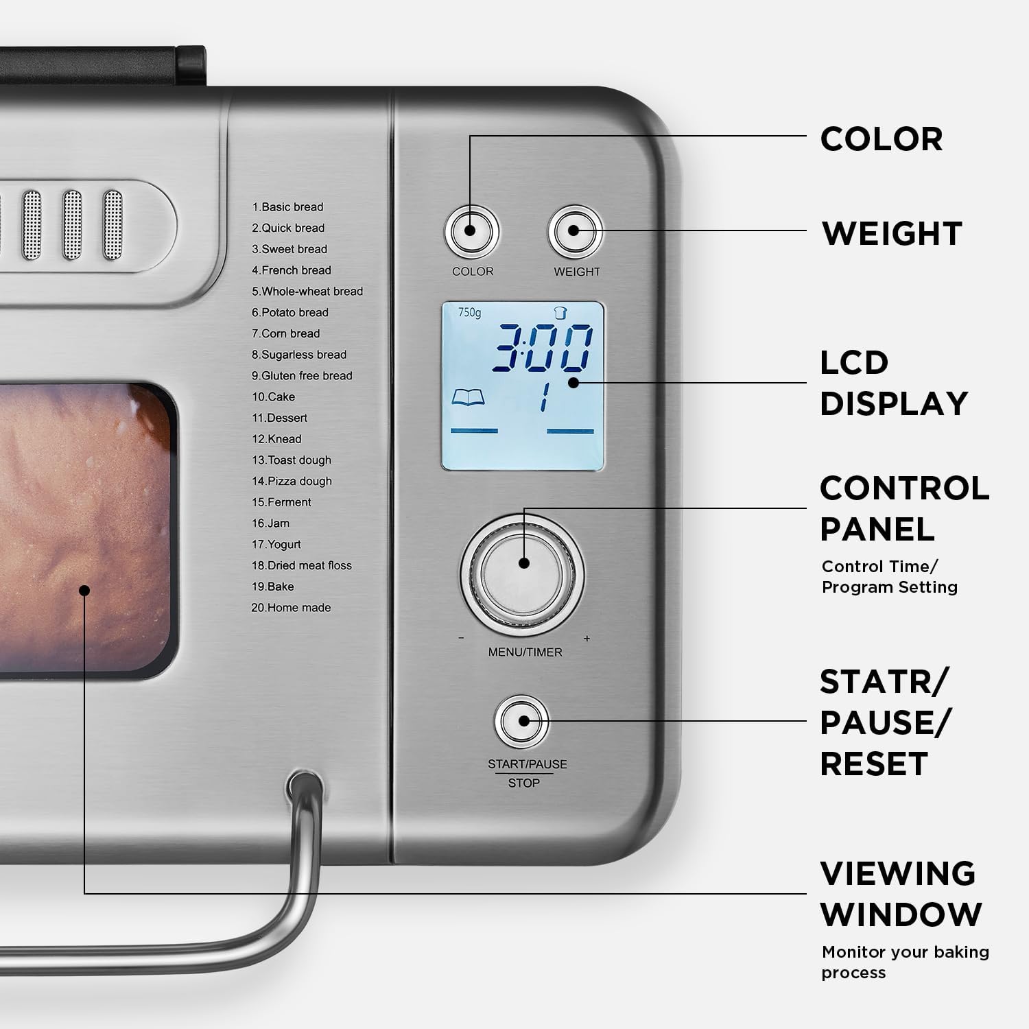 Máquina para hacer pan, máquina de pan 20-EN-1 de 2 libras, máquina para hacer pan con doble calentador automático con sartén de cerámica antiadherente, temporizador de 15H y función de