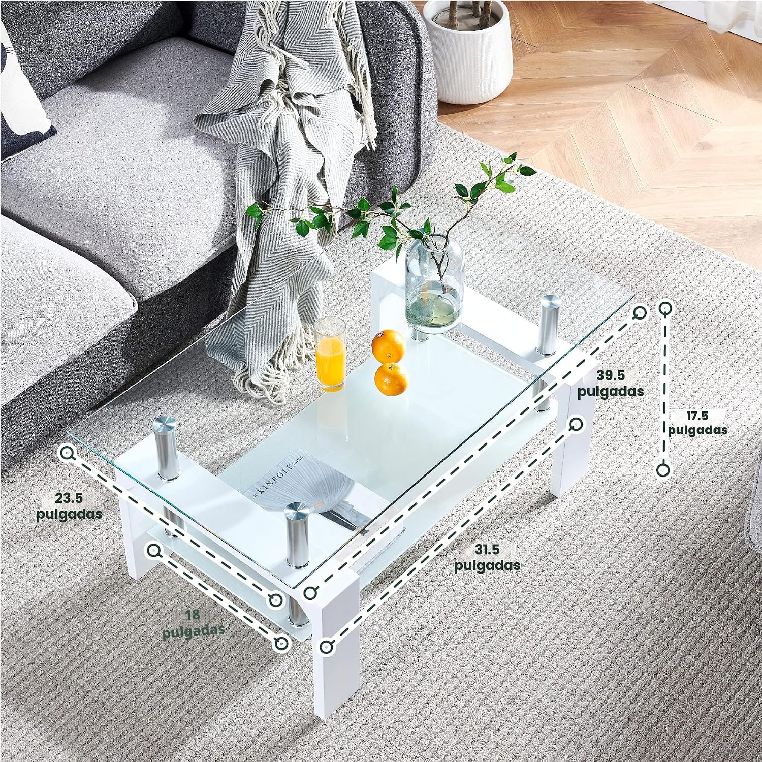 Mesa de centro rectangular para sala de estar, mesa de té adecuada para sala de espera, mesa de centro lateral moderna con patas de madera, mesa de vidrio con estante inferior, color blanco 39.5 x