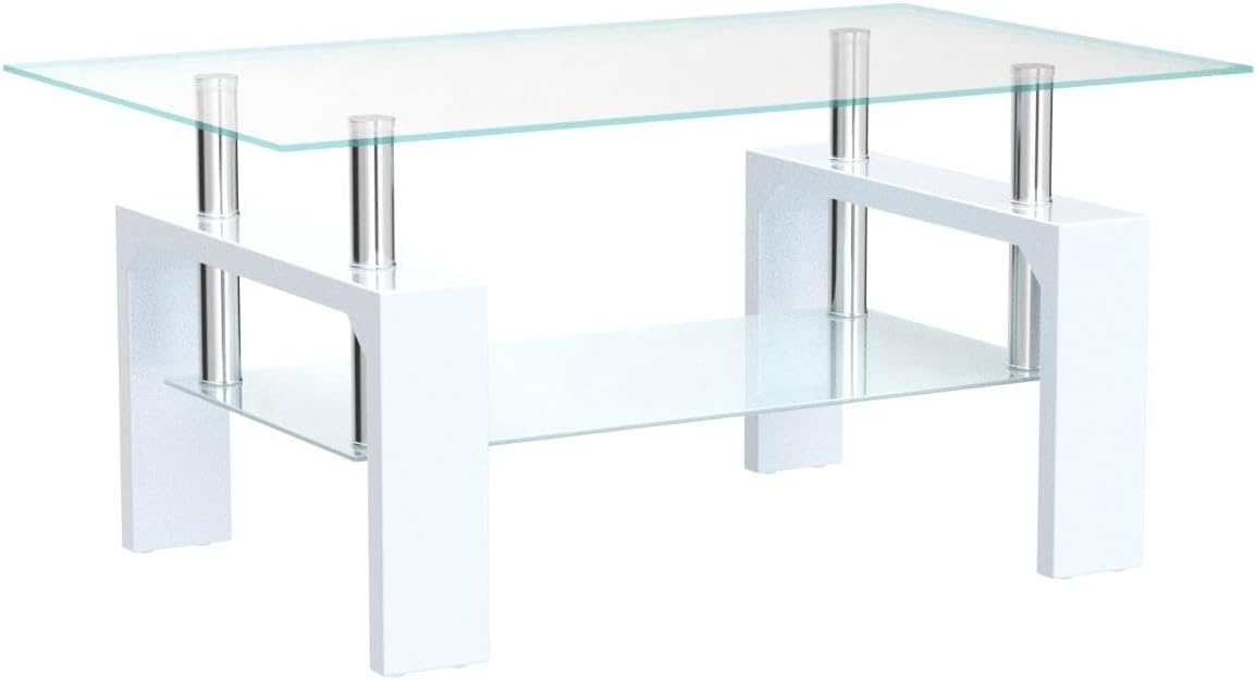 Mesa de centro rectangular para sala de estar, mesa de té adecuada para sala de espera, mesa de centro lateral moderna con patas de madera, mesa de vidrio con estante inferior, color blanco 39.5 x