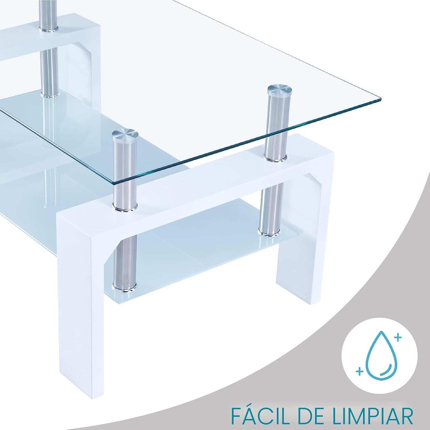 Mesa de centro rectangular para sala de estar, mesa de té adecuada para sala de espera, mesa de centro lateral moderna con patas de madera, mesa de vidrio con estante inferior, color blanco 39.5 x