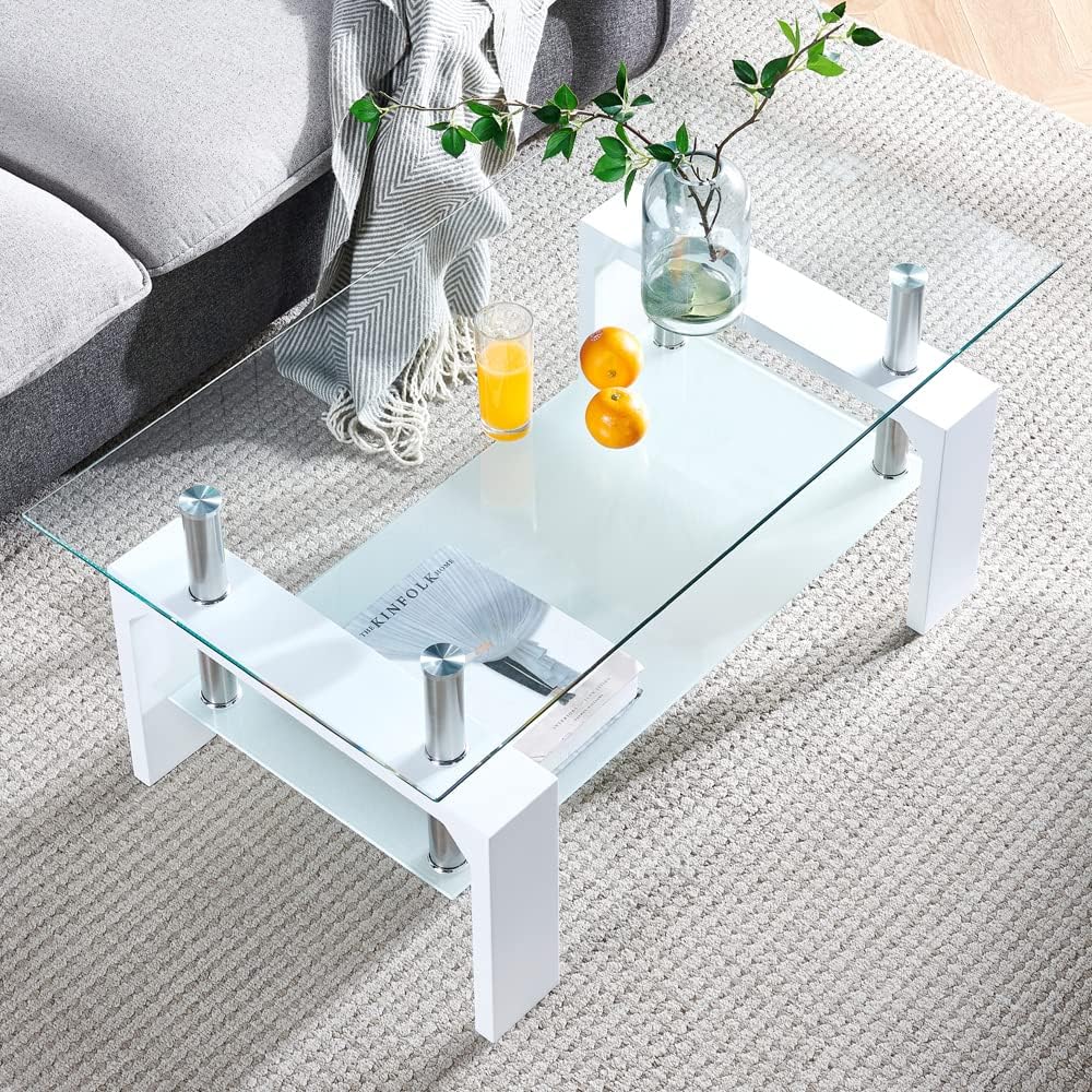 Mesa de centro rectangular para sala de estar, mesa de té adecuada para sala de espera, mesa de centro lateral moderna con patas de madera, mesa de vidrio con estante inferior, color blanco 39.5 x
