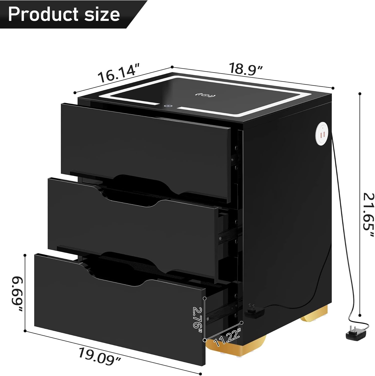 kepptory Mesita de noche inteligente negra con estación de carga inalámbrica y luces LED ajustables, mesa auxiliar de alto brillo con 3 cajones y carga USB, organizador de mesita de noche para uso en