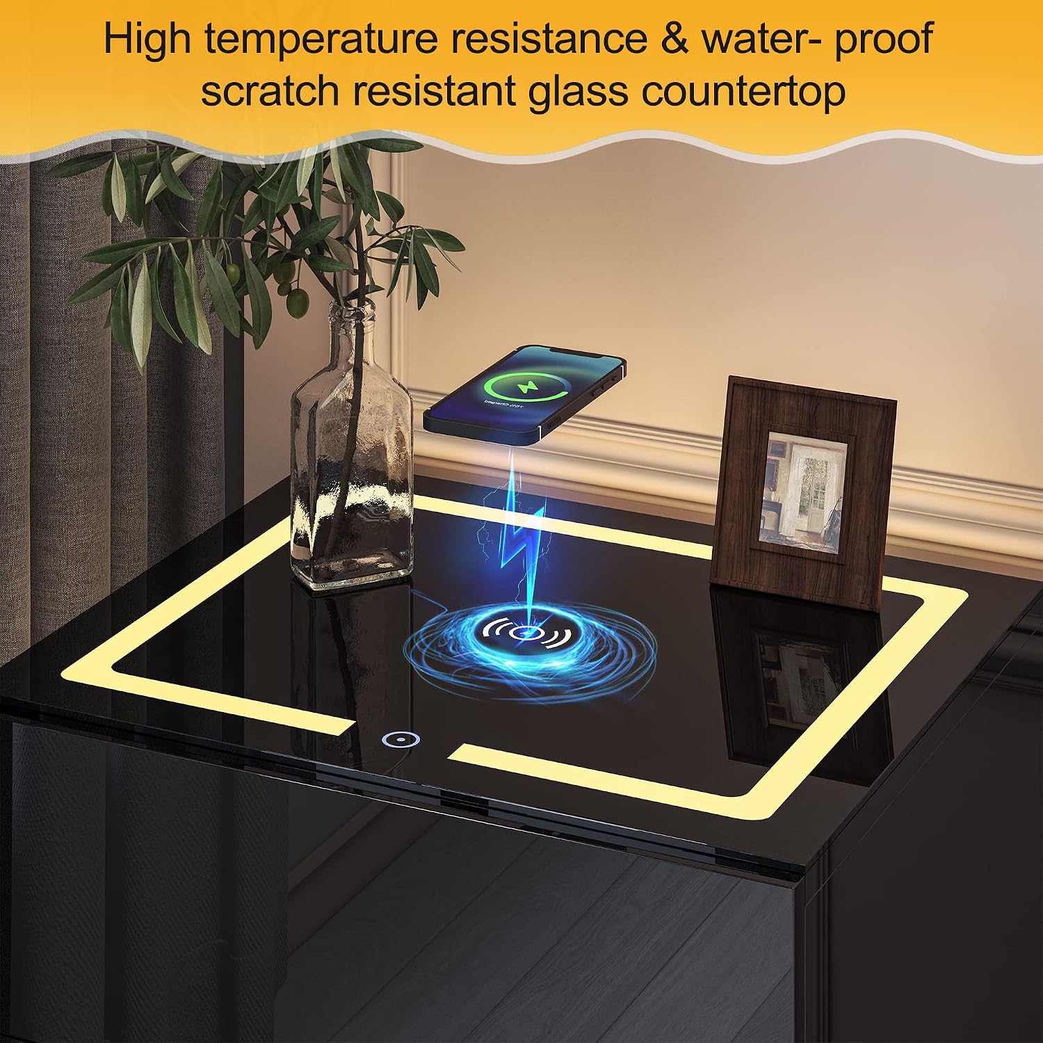 kepptory Mesita de noche inteligente negra con estación de carga inalámbrica y luces LED ajustables, mesa auxiliar de alto brillo con 3 cajones y carga USB, organizador de mesita de noche para uso en