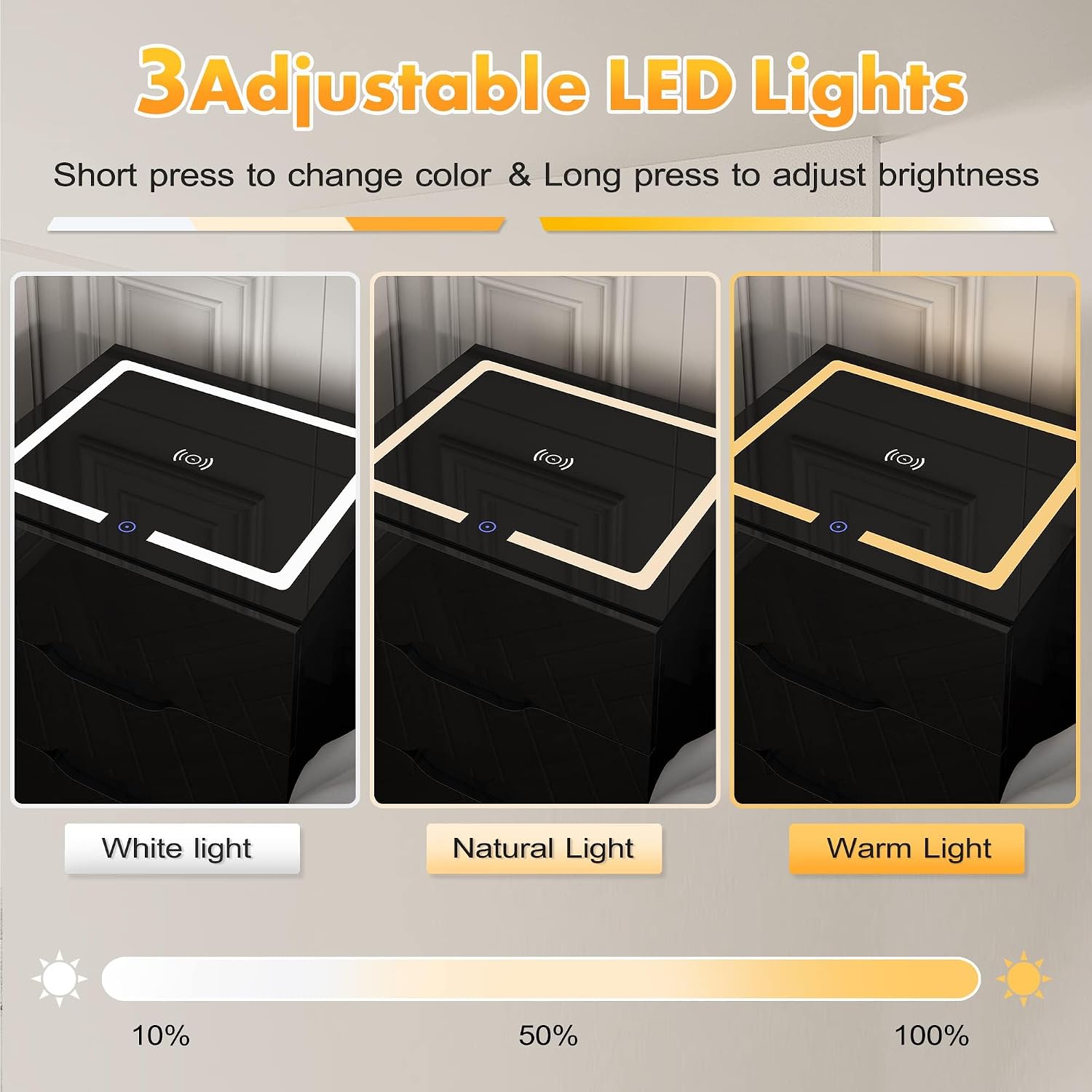 kepptory Mesita de noche inteligente negra con estación de carga inalámbrica y luces LED ajustables, mesa auxiliar de alto brillo con 3 cajones y carga USB, organizador de mesita de noche para uso en