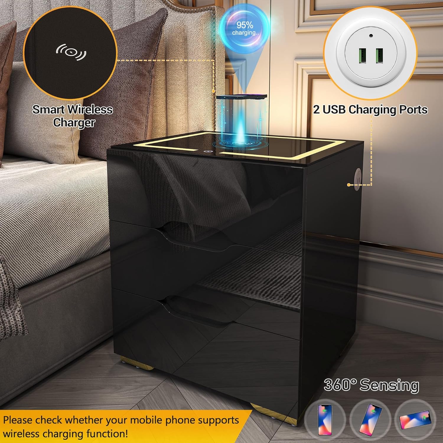 kepptory Mesita de noche inteligente negra con estación de carga inalámbrica y luces LED ajustables, mesa auxiliar de alto brillo con 3 cajones y carga USB, organizador de mesita de noche para uso en