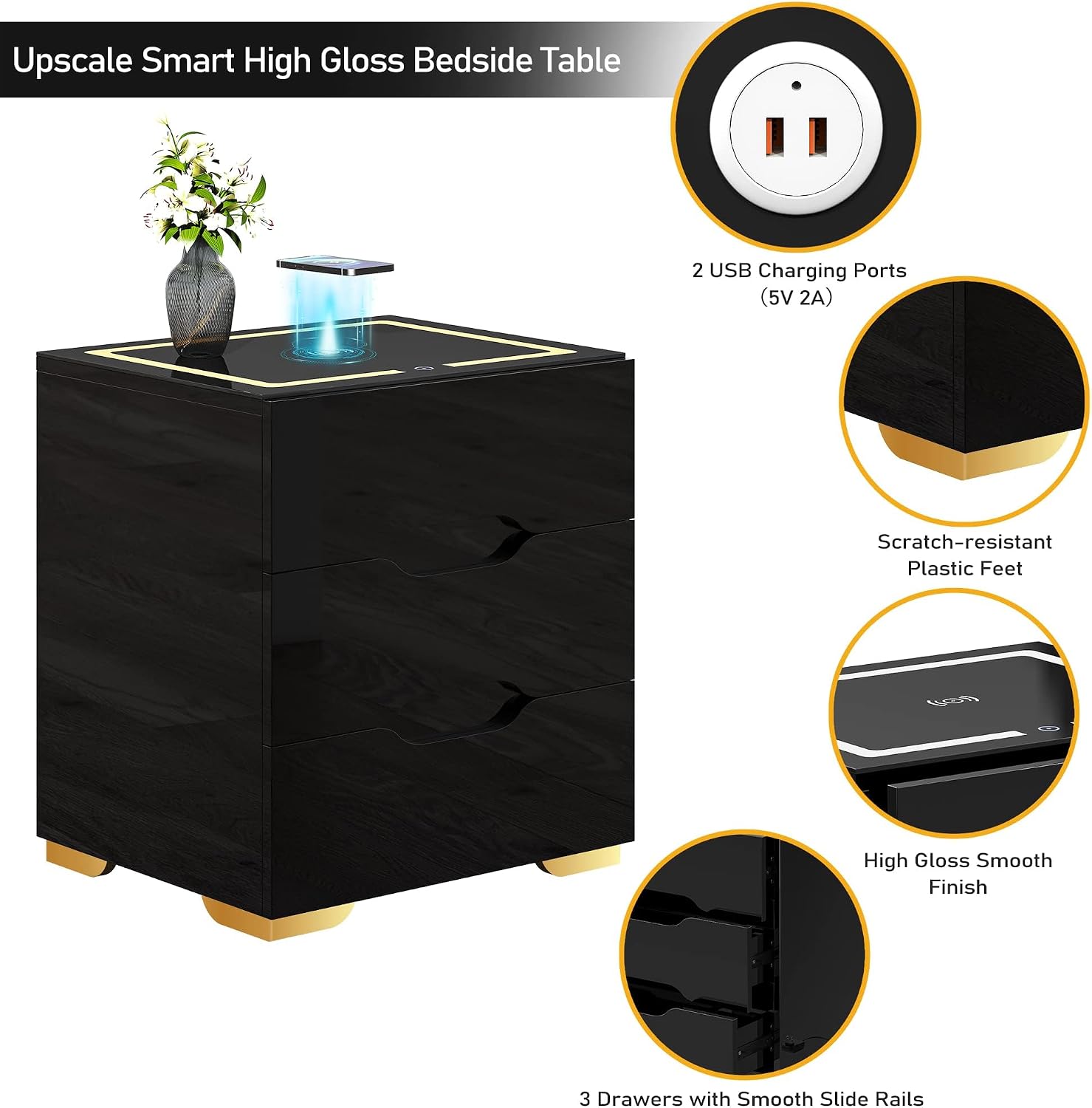 kepptory Mesita de noche inteligente negra con estación de carga inalámbrica y luces LED ajustables, mesa auxiliar de alto brillo con 3 cajones y carga USB, organizador de mesita de noche para uso en