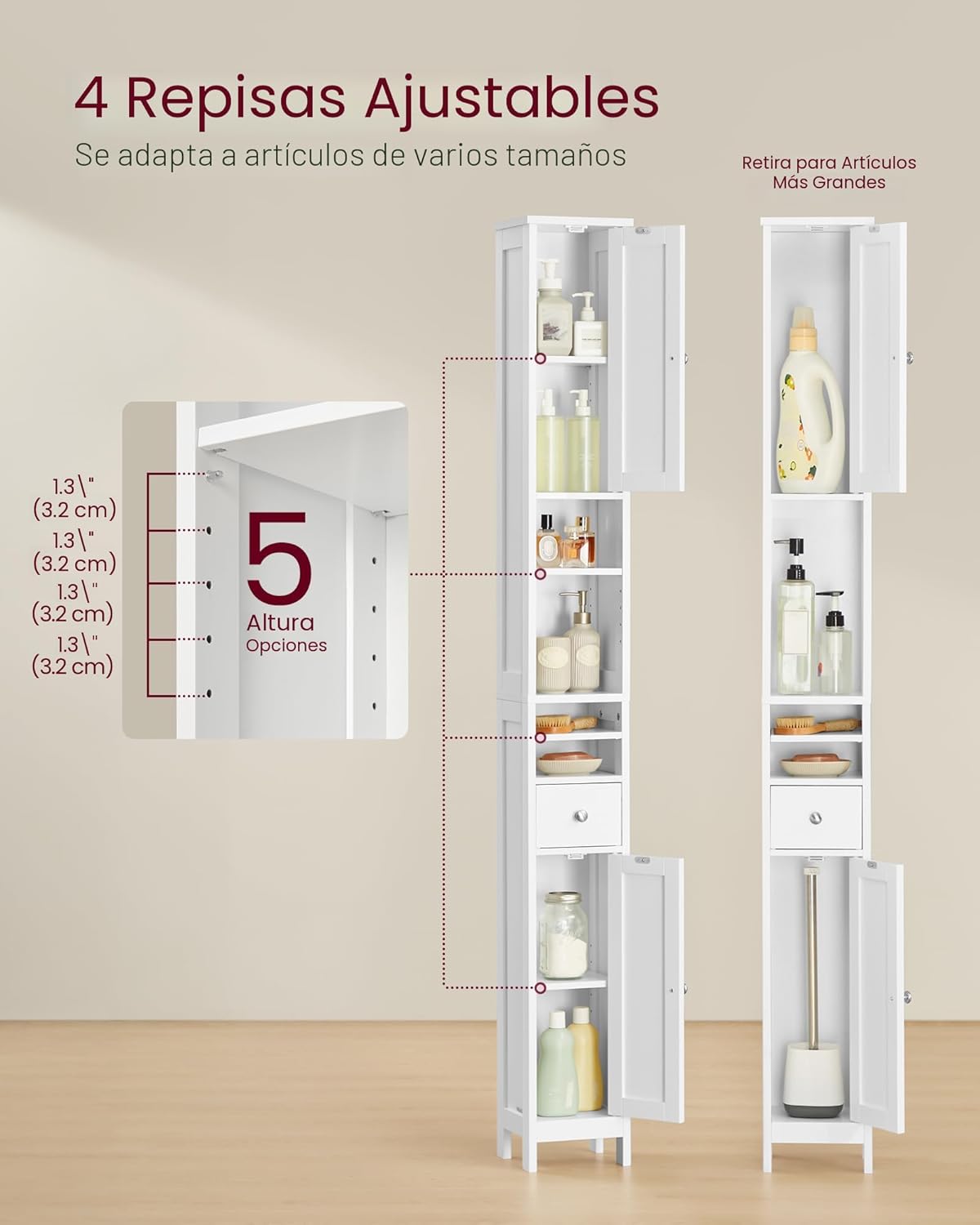 Armario de baño alto, gabinete de almacenamiento de baño delgado independiente con estantes ajustables, cajón, compartimentos abiertos, para espacios pequeños, moderno, blanco nube UBBC765W01