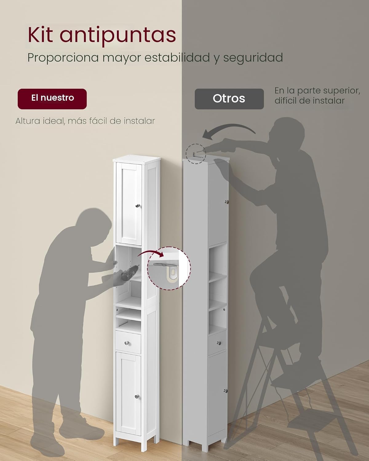 Armario de baño alto, gabinete de almacenamiento de baño delgado independiente con estantes ajustables, cajón, compartimentos abiertos, para espacios pequeños, moderno, blanco nube UBBC765W01