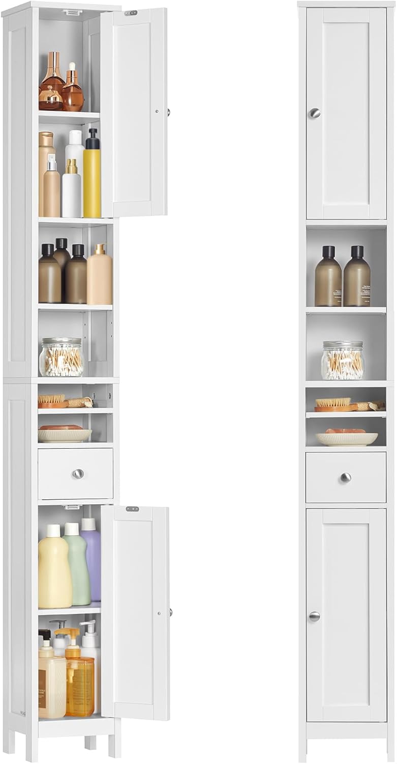 Armario de baño alto, gabinete de almacenamiento de baño delgado independiente con estantes ajustables, cajón, compartimentos abiertos, para espacios pequeños, moderno, blanco nube UBBC765W01