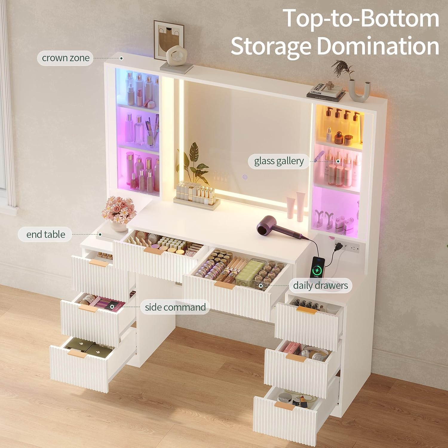 Vanity, escritorio de maquillaje de madera estriada con espejo y luces LED de sincronización de sonido, tocador grande, 8 cajones, estación de carga para niñas y mujeres (blanco, 51.2 pulgadas de ancho)