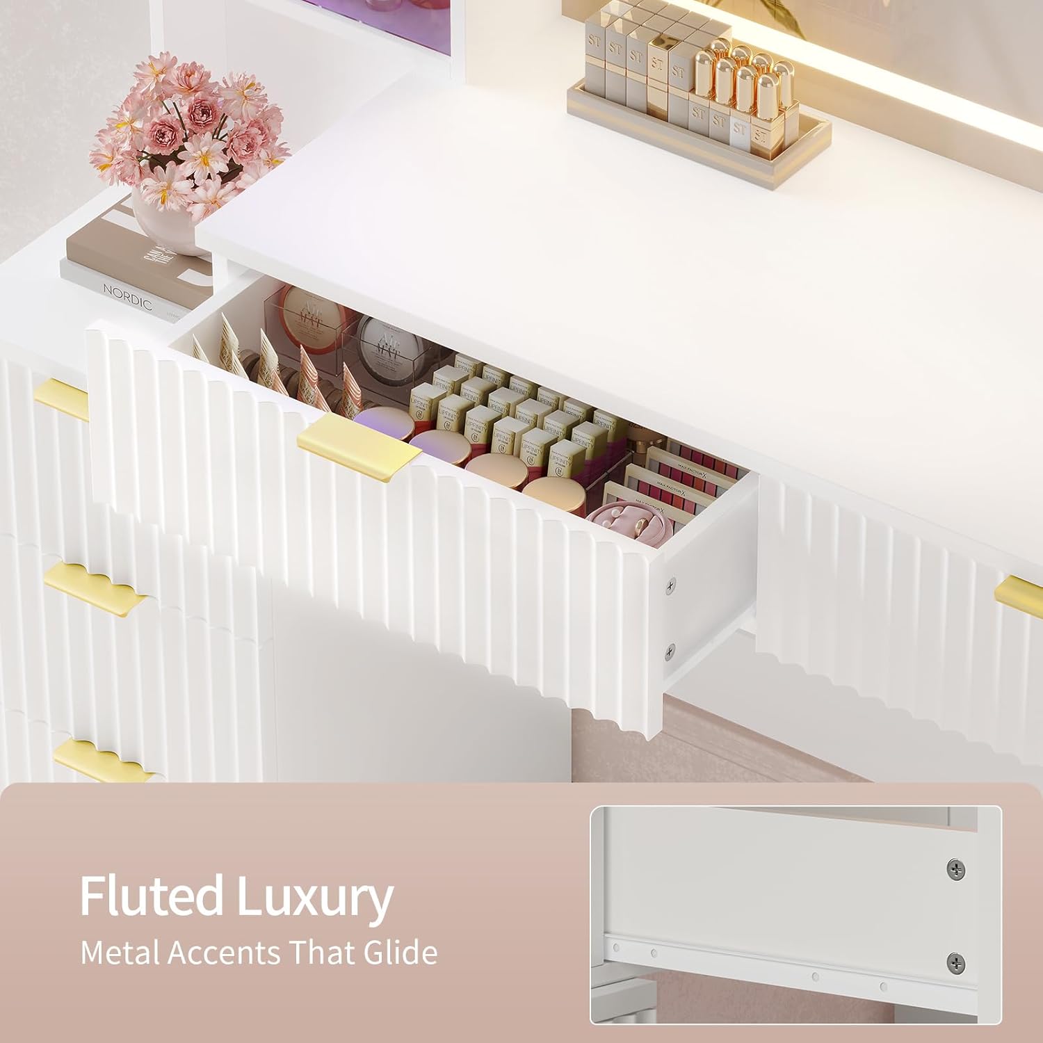 Vanity, escritorio de maquillaje de madera estriada con espejo y luces LED de sincronización de sonido, tocador grande, 8 cajones, estación de carga para niñas y mujeres (blanco, 51.2 pulgadas de ancho)