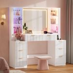 Vanity, escritorio de maquillaje de madera estriada con espejo y luces LED de sincronización de sonido, tocador grande, 8 cajones, estación de carga para niñas y mujeres (blanco, 51.2 pulgadas de ancho)