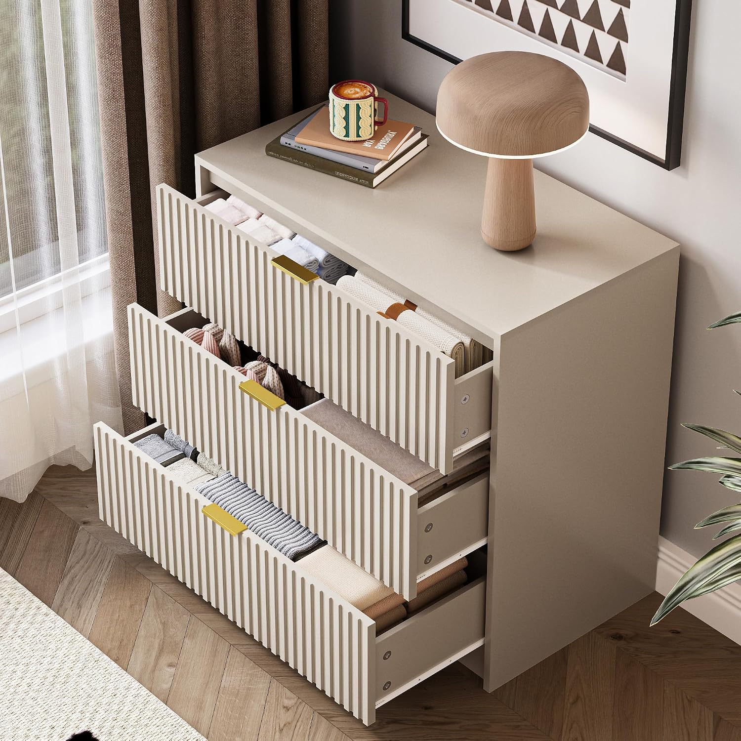 Cómoda acanalada para dormitorio, mesita de noche