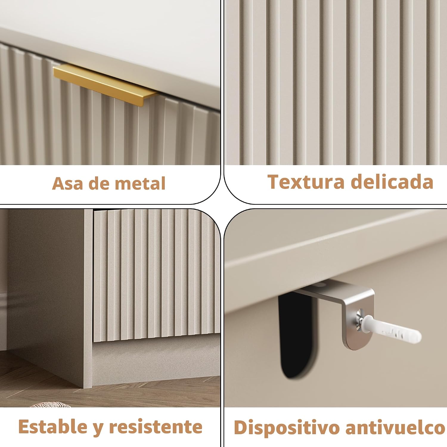Cómoda acanalada para dormitorio, mesita de noche