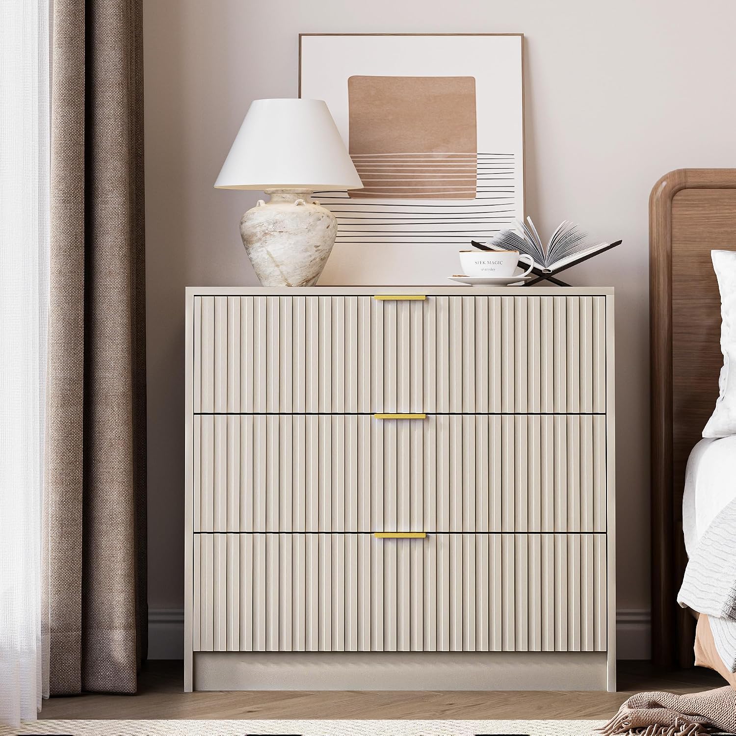 Cómoda acanalada para dormitorio, mesita de noche