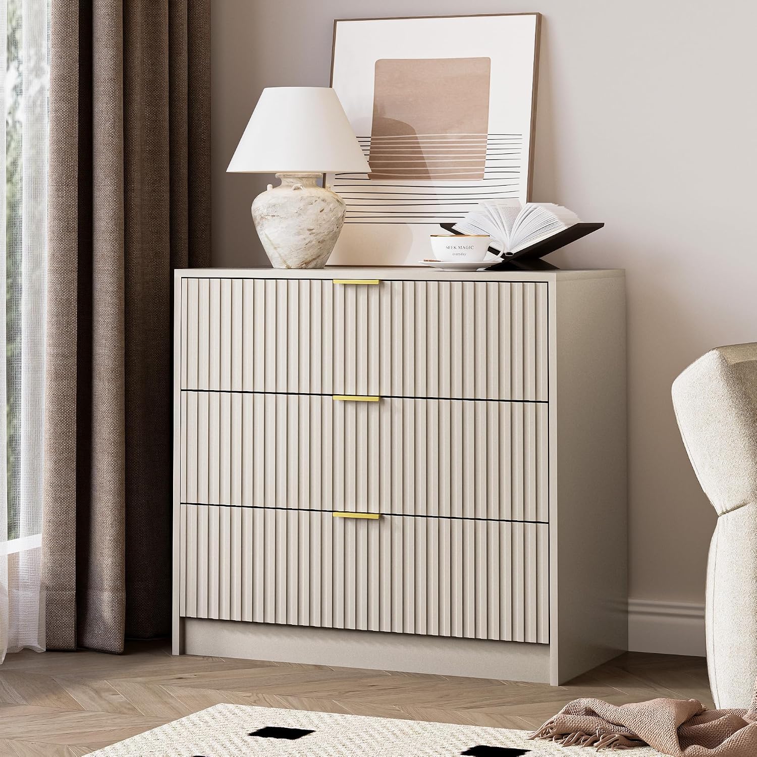 Cómoda acanalada para dormitorio, mesita de noche