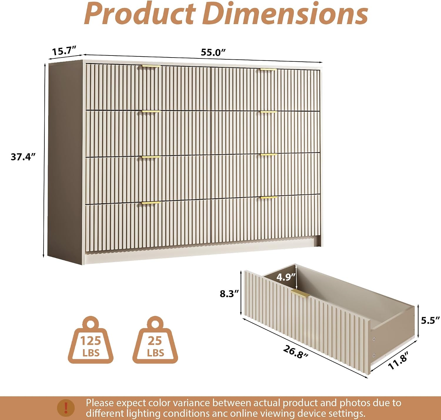 Cómoda beige para dormitorio, cómoda doble de 8 cajones.